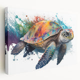 Vibrant marine life wall art featuring a detailed turtle design on stretched canvas, showcasing rich blues and greens, ideal for ocean-themed decor.