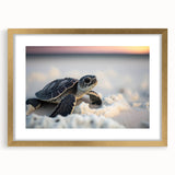 Gold-framed wall art featuring a marine life turtle design, elegantly matted, showcasing vibrant ocean colors, perfect for adding a coastal touch to home decor.