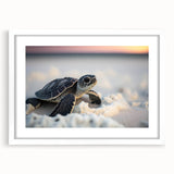 White-framed wall art featuring a marine life design with a turtle, showcasing vibrant colors on a textured background, perfect for ocean-themed decor.