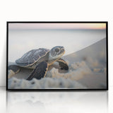 Framed wall art showcasing a vibrant marine life turtle design, featuring a black frame and acrylic finish, ideal for coastal-themed decor.