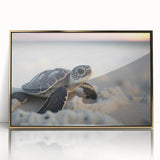 Framed acrylic wall art depicting a vibrant marine turtle design with gold accents, showcasing intricate details against a sleek black background, perfect for ocean-themed decor.