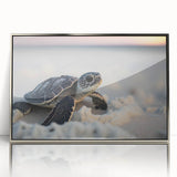 Framed wall art showcasing a marine life design featuring a vibrant turtle, encased in sleek silver acrylic, ideal for ocean-themed decor and nature enthusiasts.