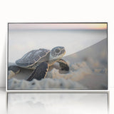 Framed wall art featuring a vibrant marine life design with a turtle, set in a sleek white frame, perfect for ocean-themed decor. Ideal for eco-conscious art lovers.