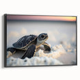 Framed canvas wall art showcasing a detailed marine life design featuring a turtle, set against a black background, ideal for ocean-themed decor.