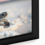 Close-up of a framed canvas wall art featuring a vibrant marine life design with a turtle motif, showcasing intricate details and vivid colors, perfect for ocean-themed decor.
