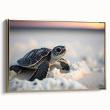 Framed canvas wall art showcasing a vibrant marine life design featuring a turtle, accented with gold trim, perfect for ocean-themed decor.