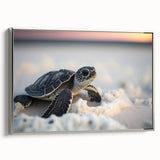 Framed wall art showcasing a detailed illustration of a marine turtle in vibrant colors, set against a silver background. Ideal for ocean-themed decor.