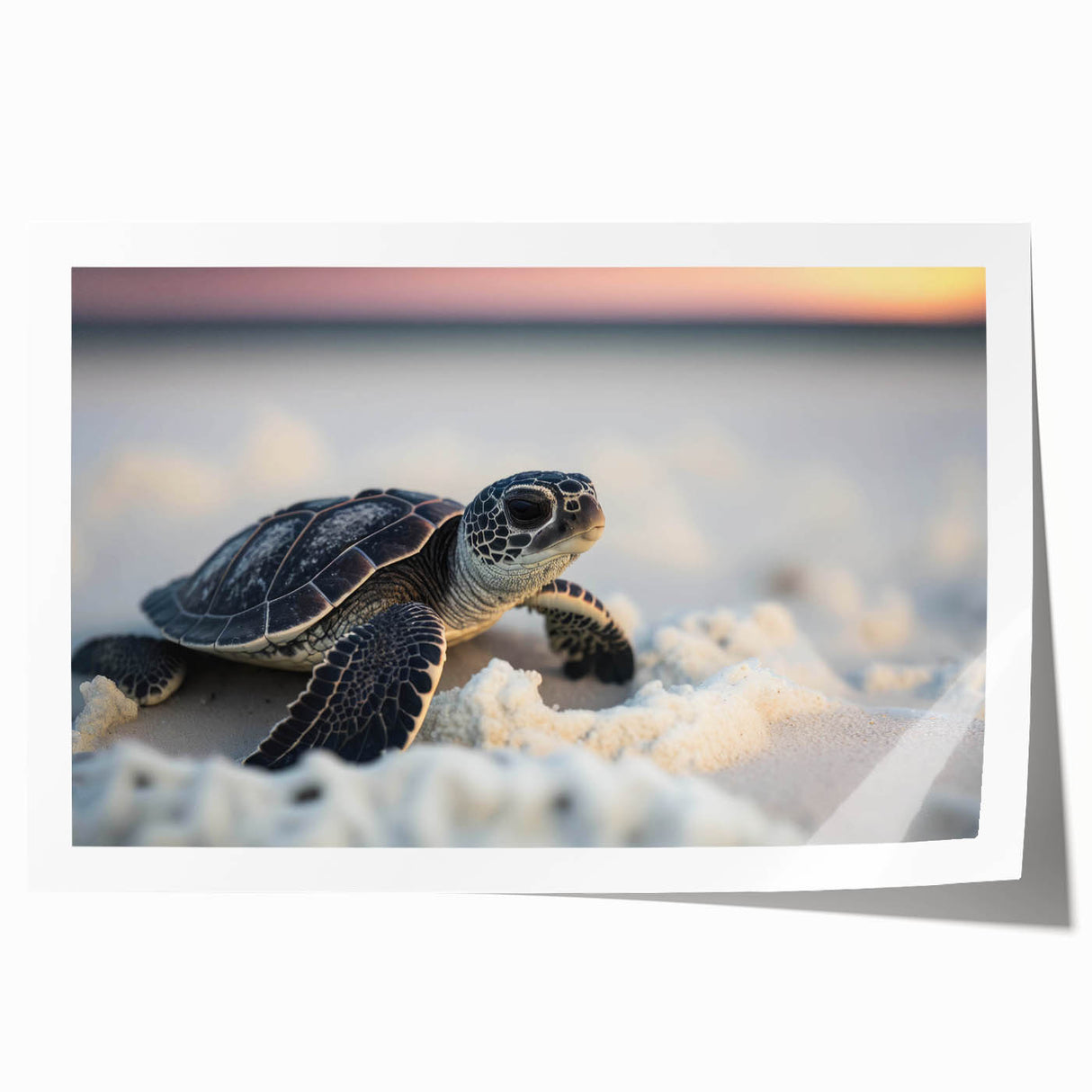 Vibrant marine life wall art print featuring a beautifully detailed turtle design, showcasing shades of blue and green, rolled and ready for framing or display.