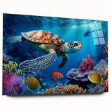 Side view of a marine life-themed wall art piece showcasing a vibrant turtle design, crafted from acrylic glass, ideal for ocean lovers' home decor.