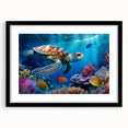 Black-framed wall art featuring a vibrant marine life turtle design, displayed with a white mat, perfect for adding a touch of oceanic beauty to any home decor.