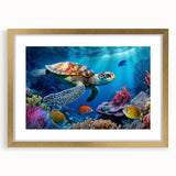 Elegant gold-framed wall art showcasing a detailed marine life turtle design, perfect for ocean-themed decor. The artwork features vibrant colors and intricate patterns, adding a touch of nature-inspired elegance to any space. Ideal for marine enthusiasts and art collectors alike.