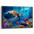 Framed canvas wall art showcasing a vibrant marine life design featuring a turtle, set against a black background, ideal for ocean-themed decor.