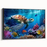 Framed canvas wall art showcasing a vibrant marine life design featuring a turtle, set against a black background, ideal for ocean-themed decor.