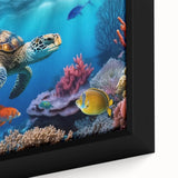 Close-up of a framed canvas wall art featuring a vibrant marine life design with a turtle, showcasing intricate details and vivid colors, perfect for ocean-themed decor.
