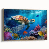 Framed wall art featuring a majestic sea turtle design on a textured canvas, accented with a gold frame, showcasing vibrant marine life colors in a side view. Perfect for ocean-themed decor.