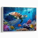 Framed wall art featuring a vibrant marine life design with a turtle, showcasing intricate details in blue and green tones, perfect for ocean-themed decor.