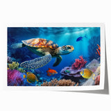 Vibrant wall art print featuring a marine life turtle design, showcasing intricate details and colors on a rolled canvas, perfect for ocean-themed decor.