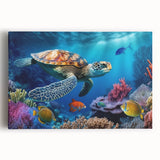Stretched canvas wall art showcasing a vibrant marine life design featuring a turtle, ideal for ocean-themed decor, adding a calming coastal aesthetic to any space.