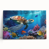 Canvas wall art showcasing a vibrant marine life design featuring a colorful turtle, perfect for ocean-themed decor, highlighting intricate details and textures.