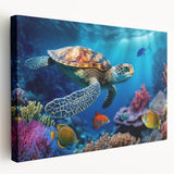 Vibrant marine life wall art featuring a detailed turtle design on stretched canvas, showcasing intricate patterns and colors, ideal for ocean-themed decor.