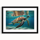 Black-framed wall art featuring a vibrant marine life turtle design, elegantly matted, showcasing intricate details of ocean biodiversity for home decor.