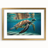 Elegant gold-framed wall art showcasing a detailed marine life turtle design, ideal for ocean-themed decor, featuring a mat for a polished finish.