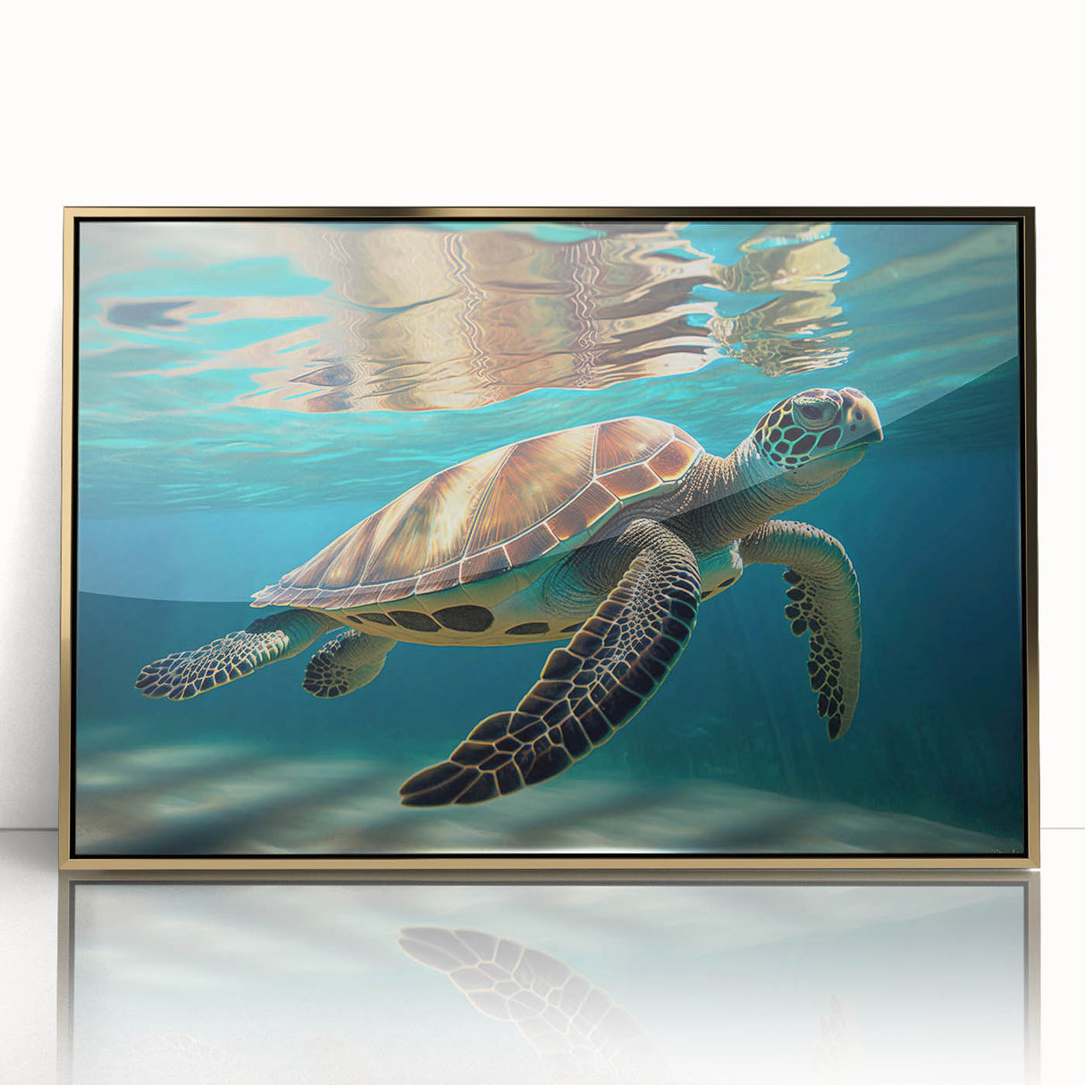 Framed wall art showcasing a vibrant marine life design featuring a turtle, set in an elegant gold frame, enhancing any coastal-themed decor with its vivid colors and intricate detail.