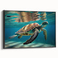 Framed canvas wall art showcasing a vibrant marine life turtle design in vivid colors, set against a black background. Ideal for ocean-themed decor.