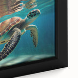 Close-up of a framed canvas wall art piece featuring a vibrant marine life design, showcasing a detailed turtle illustration in shades of blue and green, perfect for ocean-themed decor.