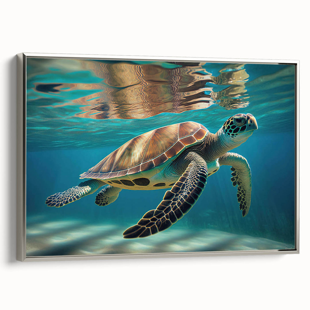 Framed canvas wall art depicting a marine life turtle design, showcasing vibrant colors and intricate details, ideal for ocean-themed decor in living spaces.