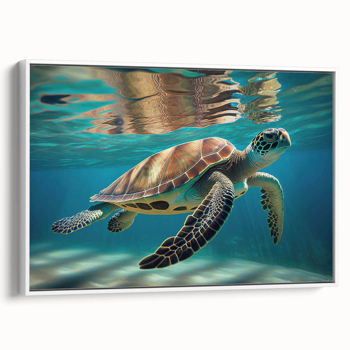 Framed canvas wall art showcasing a detailed marine life design featuring a serene turtle, set against a white backdrop, perfect for ocean-themed decor.