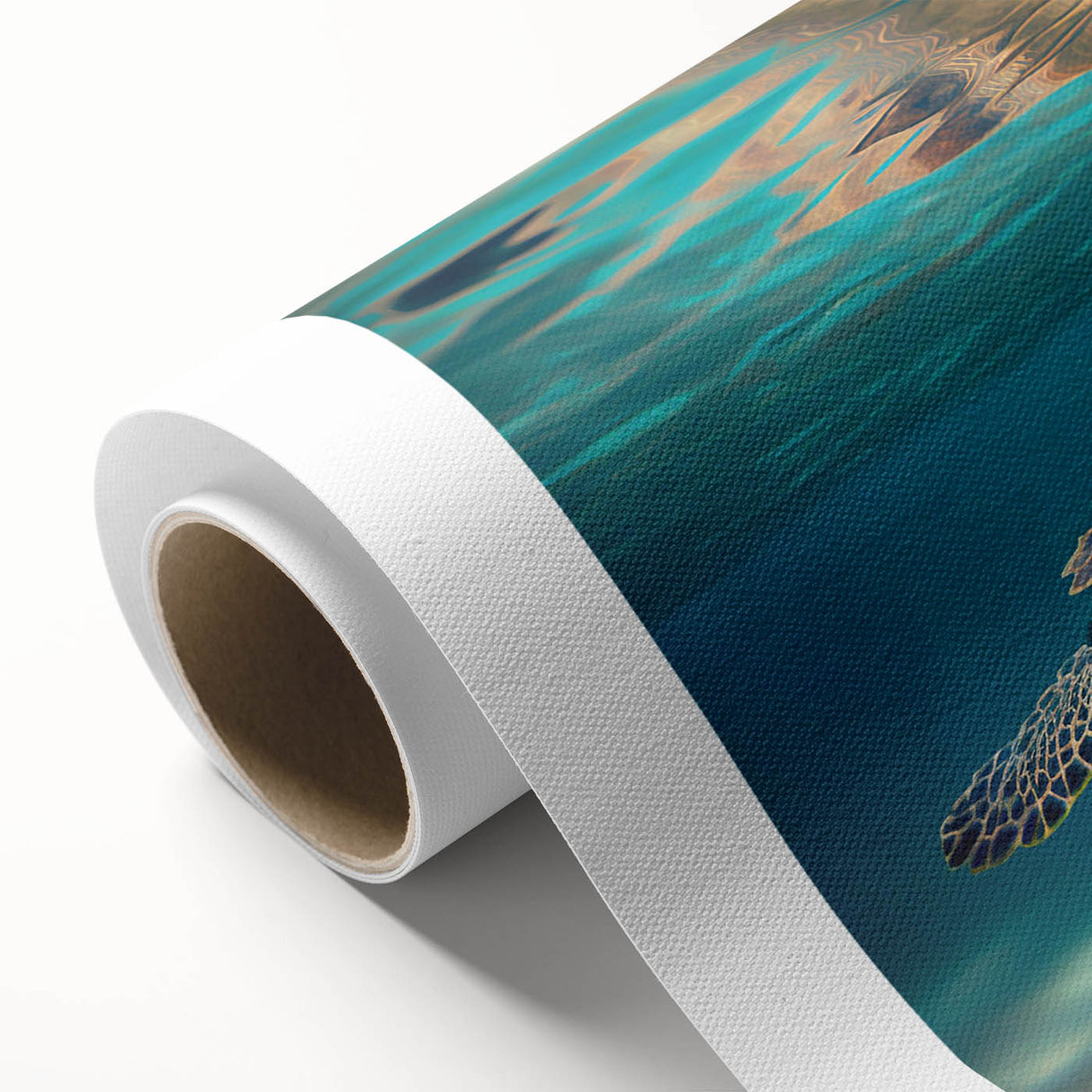Rolled canvas artwork showcasing a vibrant marine life design with a turtle, perfect for ocean-themed decor. Ideal for beach house or nature lovers’ spaces.
