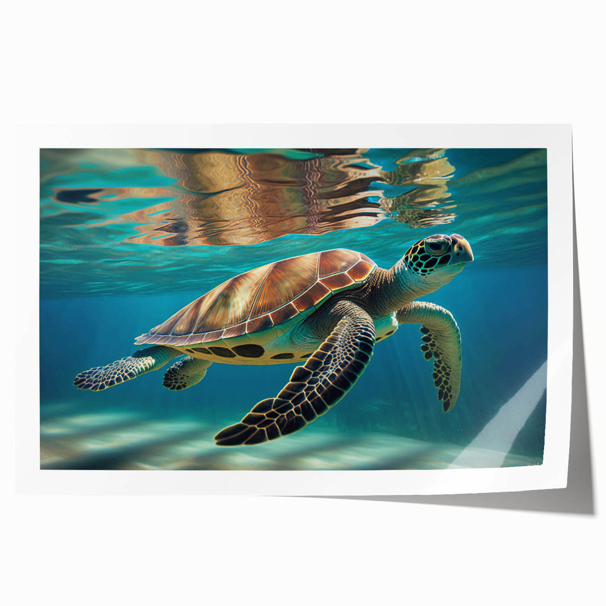 Vibrant marine life wall art print showcasing a detailed turtle design, ideal for ocean-themed decor, rolled for easy framing and display.