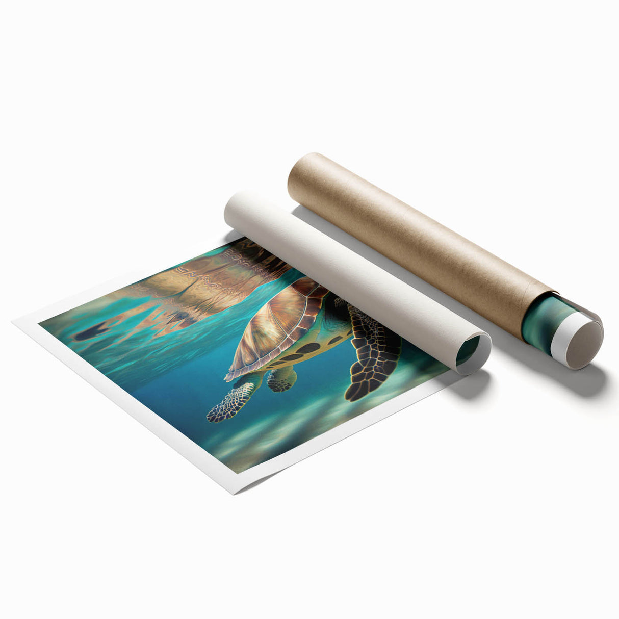 Colorful marine life wall art featuring a turtle design in vibrant blues and greens, rolled and ready for display. Ideal for ocean-themed decor enthusiasts.