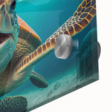Close-up of a vibrant marine life artwork featuring a detailed turtle design on acrylic glass, showcasing intricate colors and textures, ideal for ocean-themed decor.