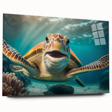 Side view of a marine life wall art collection featuring a vibrant turtle design printed on acrylic glass, showcasing intricate details and colors, ideal for ocean-themed decor.