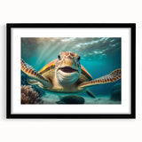 Black-framed wall art showcasing a vibrant marine life turtle design, featuring intricate details and vivid colors, perfect for ocean-themed decor.