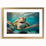 Elegant wall art featuring a marine life design with a turtle, framed in gold with a white mat. Ideal for ocean-themed decor, adding a touch of nature's beauty to any space.