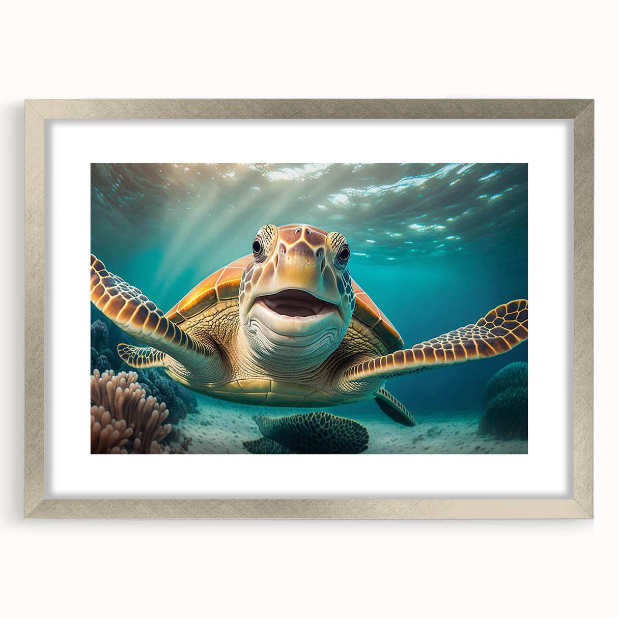 Framed marine life wall art showcasing a detailed turtle design with a silver mat, perfect for ocean-themed decor in living spaces. Ideal for nature lovers.