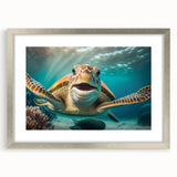 Framed marine life wall art showcasing a detailed turtle design with a silver mat, perfect for ocean-themed decor in living spaces. Ideal for nature lovers.