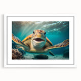 Framed wall art featuring a serene sea turtle design on a white mat, perfect for marine life enthusiasts. Ideal for coastal home decor.