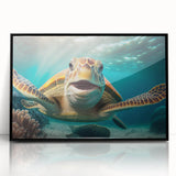 Framed wall art featuring a vibrant marine life design with a turtle, set in a sleek black frame, perfect for ocean-themed decor. Ideal for enhancing living spaces.