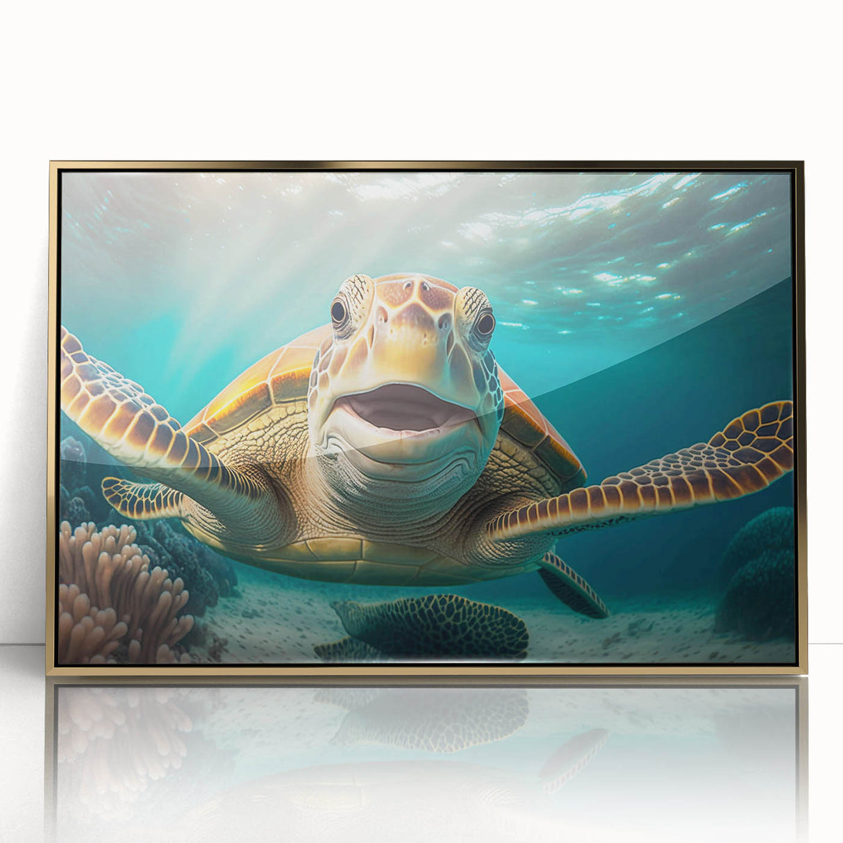 Framed acrylic wall art featuring a vibrant marine life turtle design with gold accents, showcasing intricate details and colors, perfect for ocean-themed decor.