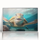Framed wall art featuring a vibrant marine life design with a turtle, set against a white background, perfect for ocean-themed decor. Ideal for nature lovers.