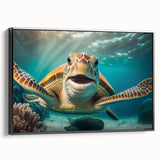 Framed canvas wall art showcasing a serene marine life design featuring a vibrant turtle, set against a black background, perfect for ocean-themed decor.
