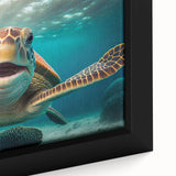 Close-up of a vibrant framed canvas wall art piece showcasing a marine life turtle design, featuring intricate details and bright colors, perfect for ocean-themed decor.