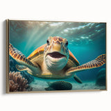 Framed canvas wall art showcasing a detailed marine turtle design in vibrant colors, with a gold frame adding elegance. Ideal for ocean-themed decor.