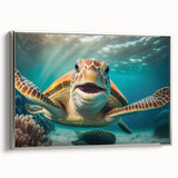 Framed canvas wall art showcasing a marine life turtle design in silver tones, ideal for coastal decor, highlighting intricate details and textures.