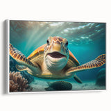 Framed canvas wall art showcasing a marine life turtle design with vibrant colors, displayed against a white background, perfect for ocean-themed decor.