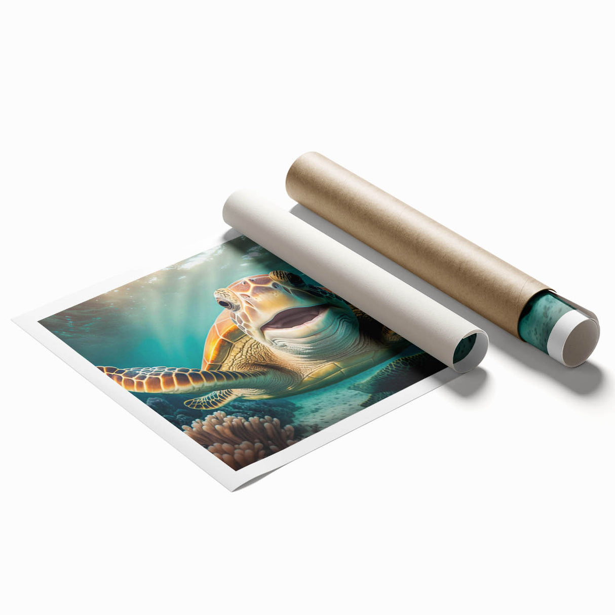 Colorful marine life wall art featuring a turtle design, showcasing vibrant blues and greens. Perfect for ocean-themed decor, this rolled print adds a touch of nature to any space, emphasizing conservation and underwater beauty.